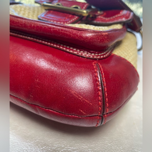 Coach Y2K Legacy Buckle Straw Shoulder Bag with Red Patent Leather Trim - Picture 12 of 17